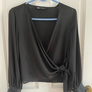 Zara Satin Crossover Long Sleeve Top Black
